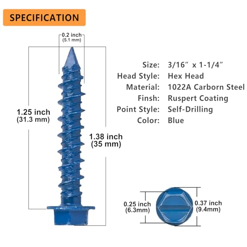 Allkeen 3/16" x 1-1/4" Hex Head Concrete Screws, Anchoring to Masonry, Brick, Block, Cement or Stucco, 50PCS - Image 2