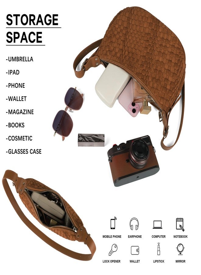 Queenoris Woven Small Crescent Bags for Women, Vegan Leather Shoulder Bag Trendy Crossbody Purses with Adjustable Strap, Brown-suede - Image 4