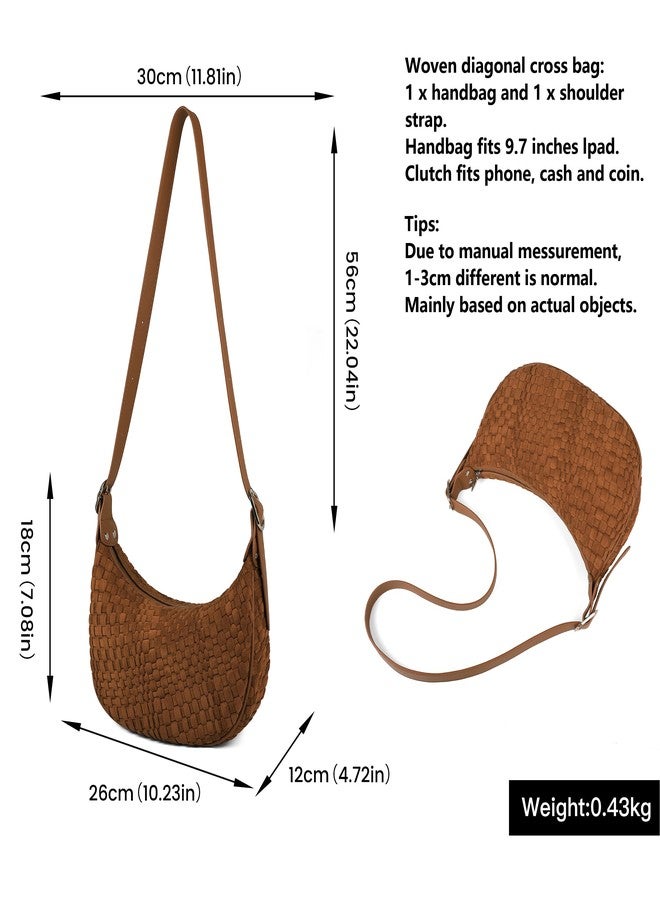 Queenoris Woven Small Crescent Bags for Women, Vegan Leather Shoulder Bag Trendy Crossbody Purses with Adjustable Strap, Brown-suede - Image 3