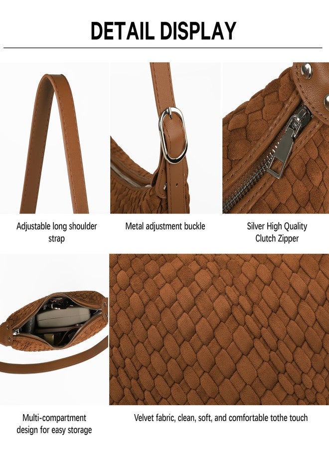 Queenoris Woven Small Crescent Bags for Women, Vegan Leather Shoulder Bag Trendy Crossbody Purses with Adjustable Strap, Brown-suede - Image 5