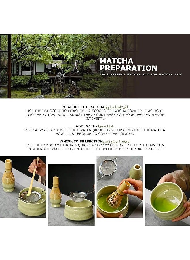 BOUND MOAT 4 Piece Matcha Tea Set Matcha Whisk Kit Matcha Ceramic Bowl Matcha Whisk, White Whisk Holder Traditional Scoop Perfect Set to a Traditional of Matcha Tool (Green) - Image 2