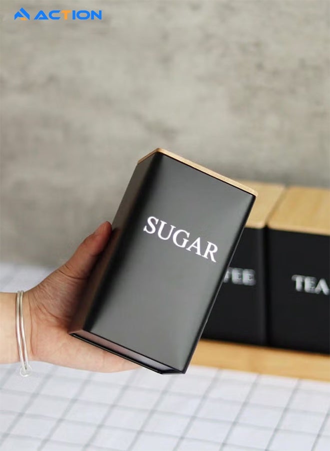 أكشن عبوة تخزين القهوة واحدة - علبة تخزين الشاي والوجبات الخفيفة وحبوب القهوة - غطاء من الخيزران - تصميم حديدي - علبة مربعة - Image 2