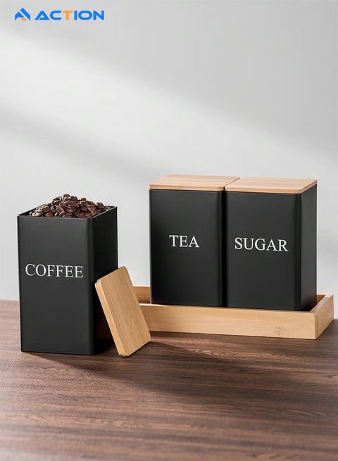 3 Piece Kitchen Tins Set, Coffee Tea Sugar Storage Jar with Airtight Wooden Lid, Storage Jars Set, Kitchen Organiser, Black