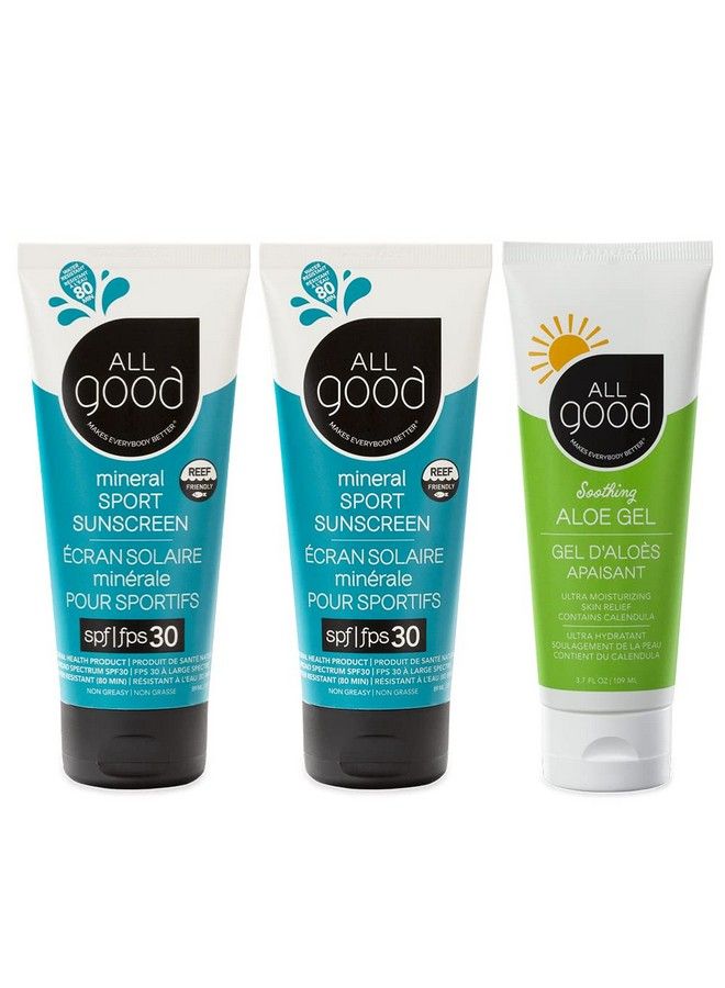 All Good Makes Everything Better مجموعة واقي الشمس المعدني من أول غود سبورت وجل الألوة فيرا UVA/UVB طيف واسع SPF 30+ مقاوم للماء تشمل (2) واقي شمس رياضي SPF 30 و(1) جل ألوة فيرا - Image 1