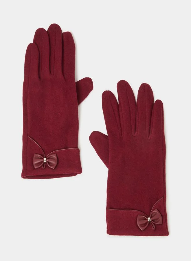 Styli Burgundy Knitted Gloves with Bow Detail