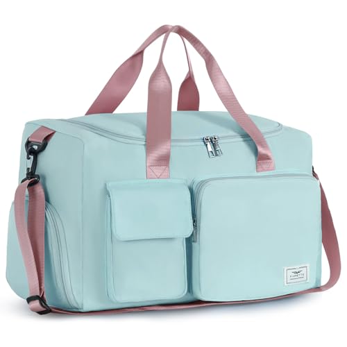 FIORETTO Women's Gym Duffle Bag with Shoes Compartment, 37L Capacity, Ideal for Travel, Gym, Sports, Duffel, Weekender, Green & Pink - Image 1