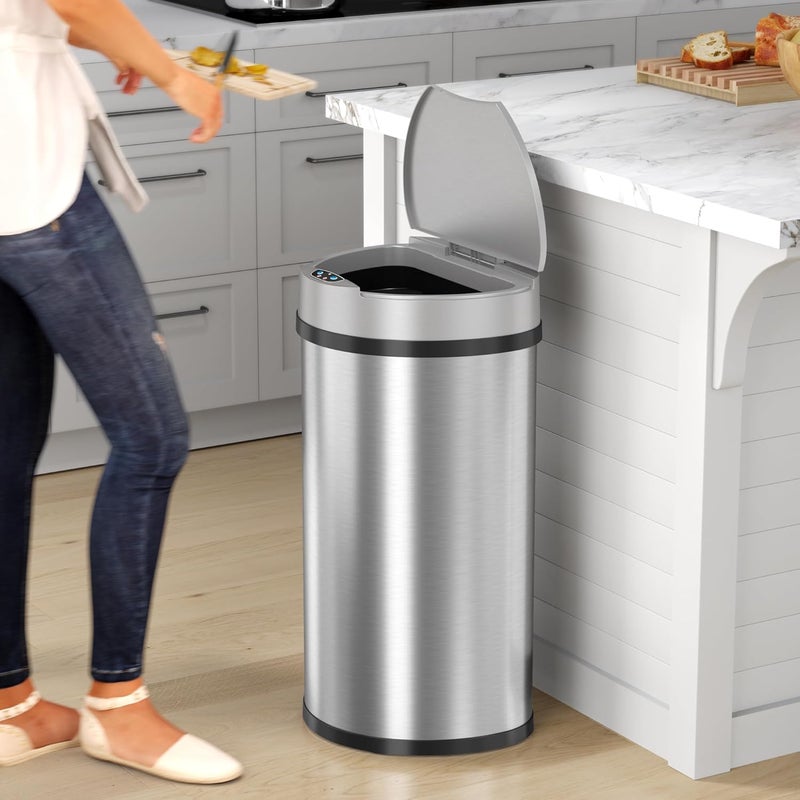 iTouchless 50 Liter / 13 Gallon Kitchen Trash Can with Lid & Deodorizer – Motion Sensor Semi-Round Stainless Steel Garbage Bin for Home, Office, or Garage – Slim, Wide Opening Large Capacity Design - Image 1