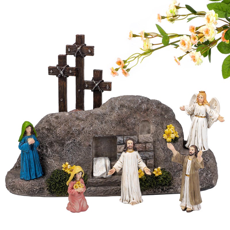 Fovths 7 Pack Easter Resurrection Scene Cross Table Decor Easter Resin Tabletop Ornaments Jesus Statue Centerpieces Decor for Home Kitchen Holiday Decoration - Image 1
