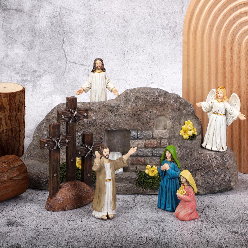 Fovths 7 Pack Easter Resurrection Scene Cross Table Decor Easter Resin Tabletop Ornaments Jesus Statue Centerpieces Decor for Home Kitchen Holiday Decoration - Image 4