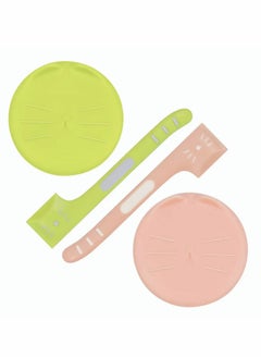 Excefore Dog Cat Can Covers and Spoons Set, Cute Cat Shaped Lids with Right Angle Spoons Universal 1 Fit 3 Size Can Lids Pet Food Can Tops,Green and Pink, 2 Pack  - Image 1