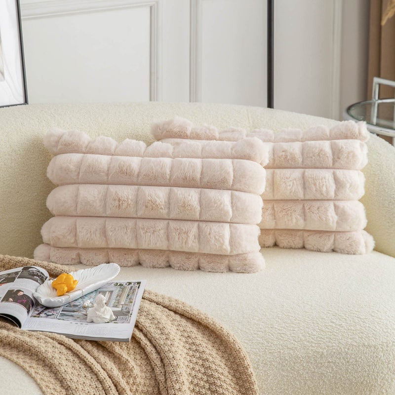 Neelvin Beige Faux Fur Cozy Soft Plaid Decorative Throw Pillow Covers 12x20 inch Set of 2Velvet Pillowcase Cushion Case for Sofa Couch