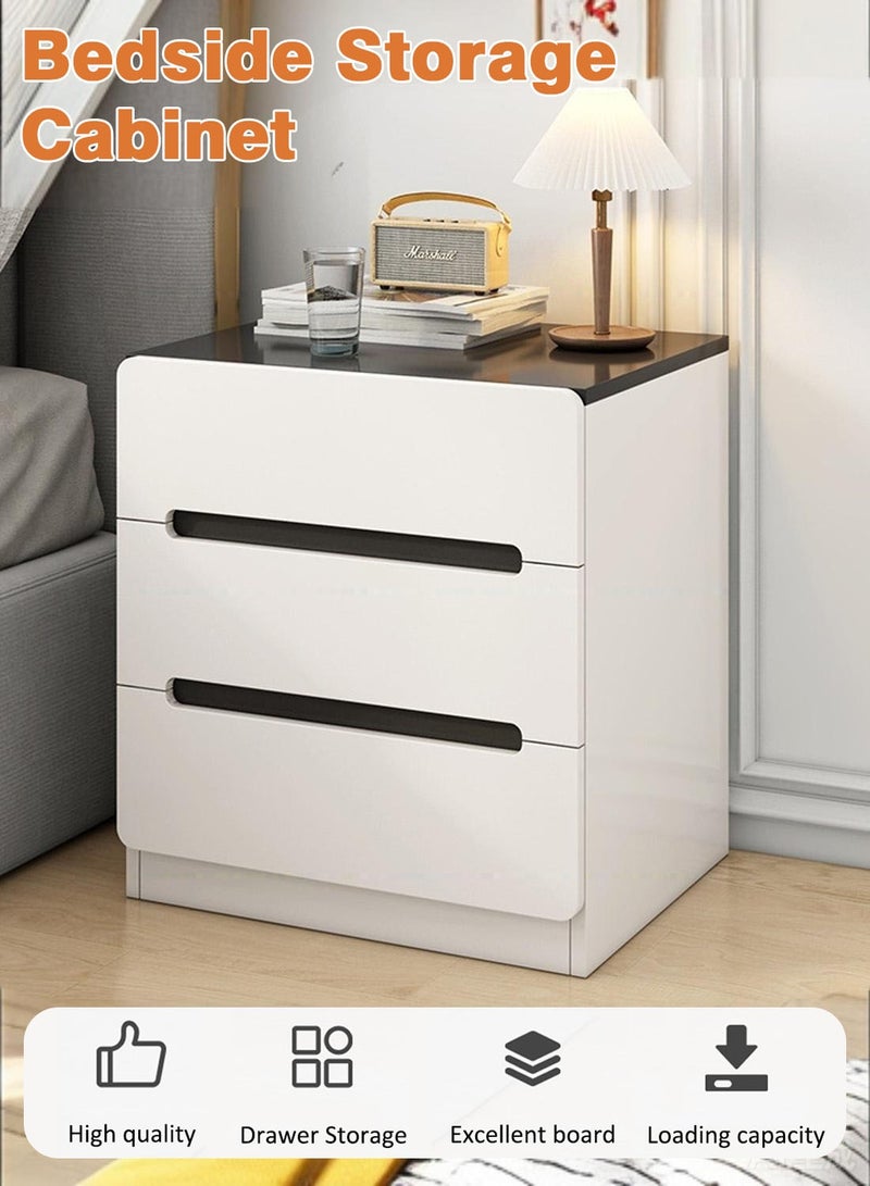 سينيين طاولة بجانب السرير، طاولة بجانب السرير بيضاء نورديك - خزانة بجانب السرير بثلاثة أدراج، طاولة جانبية صغيرة حديثة للتخزين (40 × 50 × 60 سم) - Image 2