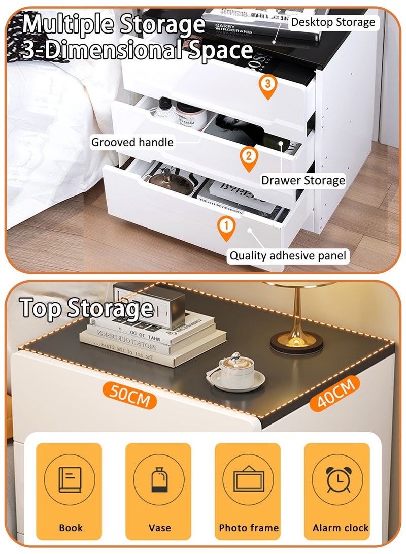 سينيين طاولة بجانب السرير، طاولة بجانب السرير بيضاء نورديك - خزانة بجانب السرير بثلاثة أدراج، طاولة جانبية صغيرة حديثة للتخزين (40 × 50 × 60 سم) - Image 3