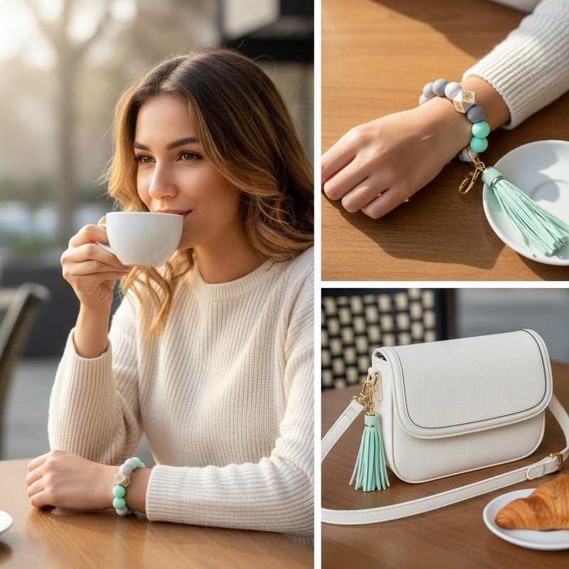 BIHRTC Silicone Bracelet Beaded Keychain House Car Key Ring Holder Key Chain Circle Wrist Bracelet Keychain Bangle Round Keyring Circle Keyring for Women - Image 5