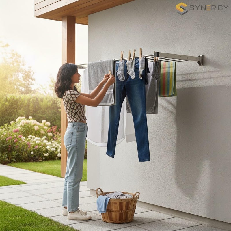 سينرجي - 6 Pipes x 2 Feet - Wall Mounted Cloth Drying Stand, Cloth Stand for Drying Clothes Foldable, Cloth Drying Stand Wall Mounted, Clothes Stand for Drying [SY-GL11] - Image 2