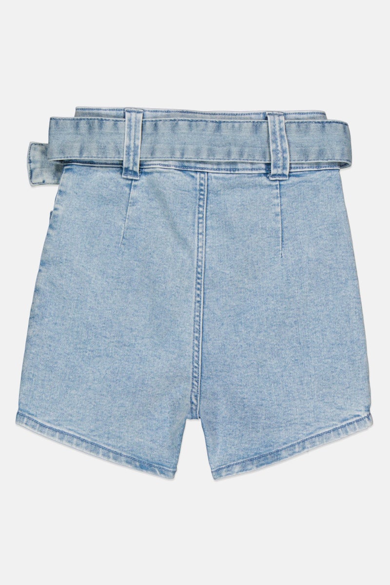 Bershka Women Plain Belted Denim Shorts, Washed Blue - Image 3