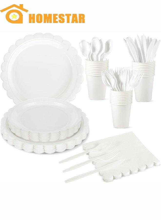 HOMESTAR 25 Guest Party Supplies, Dinnerware Set, Include Scalloped Plates, Napkin, Cup, Spoon, Fork, Knife for Party, Wedding, Birthday, White - Image 1