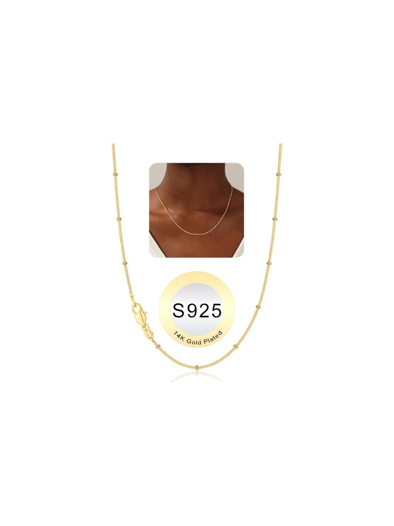 IEFWELL 14K-Real-Gold-Plated S925 Sterling Silver Chain Necklace for Women - 1.5mm Satellite Bead Chains Necklace, Hypoallergenic Dainty Women's Chain Necklaces, 18 Inches Jewelry Valentines Gifts - Image 1