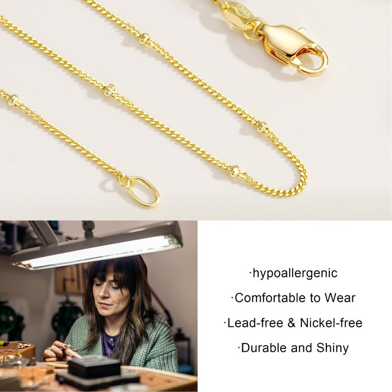 IEFWELL 14K-Real-Gold-Plated S925 Sterling Silver Chain Necklace for Women - 1.5mm Satellite Bead Chains Necklace, Hypoallergenic Dainty Women's Chain Necklaces, 18 Inches Jewelry Valentines Gifts - Image 5