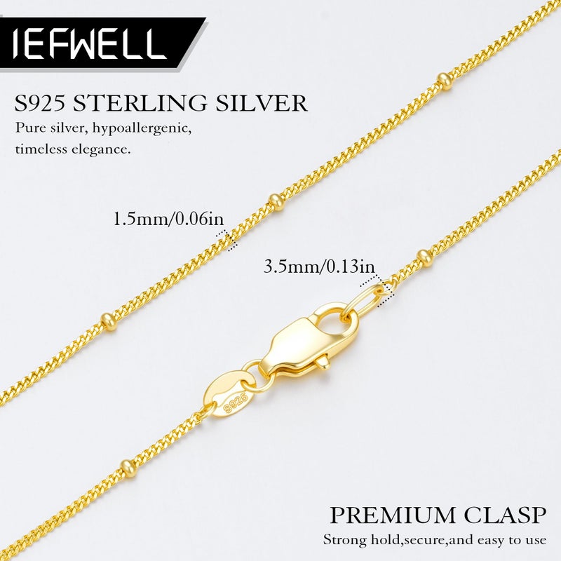 IEFWELL 14K-Real-Gold-Plated S925 Sterling Silver Chain Necklace for Women - 1.5mm Satellite Bead Chains Necklace, Hypoallergenic Dainty Women's Chain Necklaces, 18 Inches Jewelry Valentines Gifts - Image 2