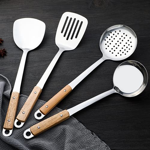 pepplo Ladle & Spatula, Slotted BBQ Turner, Perfect for Ladling Soup, Stir-Frying Food, Grilling, Scraping, Turning Meat, Mixing Scrambled Eggs, Flipping Burgers, Comfortable Bamboo Handle(Set of 4) - Image 1