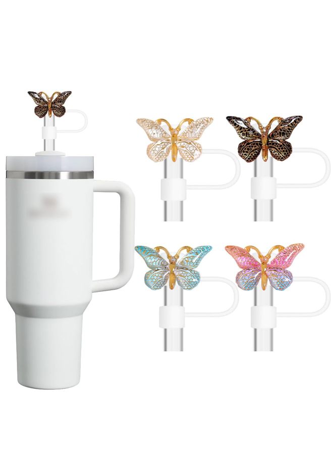 Butterfly Resin Straw Cap Suit Shiny Silicone Straw Cap Reusable Straw Cap-Color:Butterfly Straw Cap (pack Of 6) Type B - Image 2