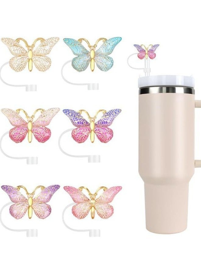 Butterfly Resin Straw Cap Suit Shiny Silicone Straw Cap Reusable Straw Cap-Color:Butterfly Straw Cap (pack Of 6) Type B - Image 1