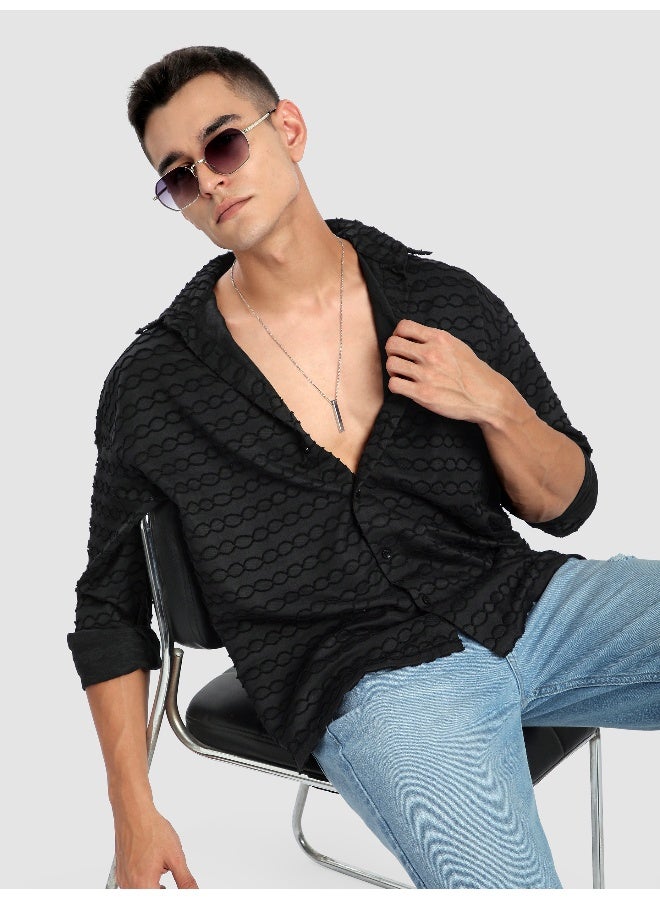 Beyoung Black Fur Wave Textured Shirt  - Image 1