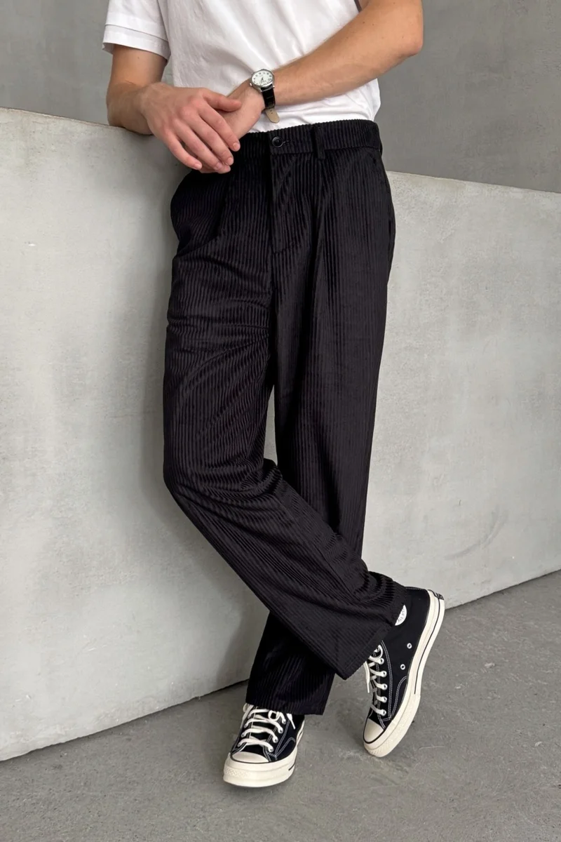HYMAN Men's Pleated Baggy Pattern Velvet Trousers