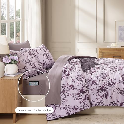BLOOMHAVEN Queen Comforter Set -7 Pieces Deep Purple Floral Comforter Set for All Seasons, Bed in a Bag Queen with Botanical Flowers Comforter, Sheets, Pillowcases & Shams - Image 3