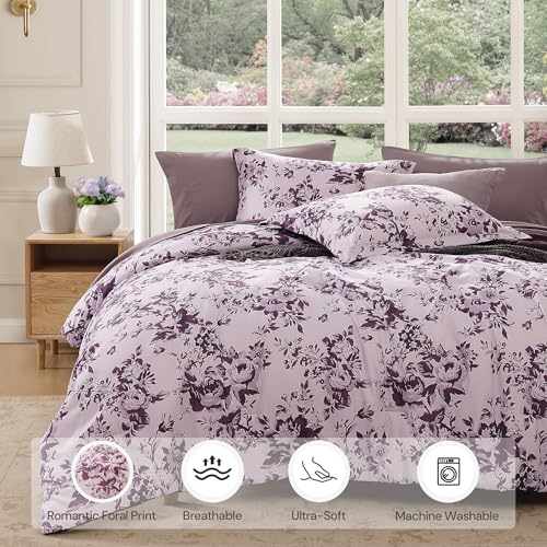 BLOOMHAVEN Queen Comforter Set -7 Pieces Deep Purple Floral Comforter Set for All Seasons, Bed in a Bag Queen with Botanical Flowers Comforter, Sheets, Pillowcases & Shams - Image 2