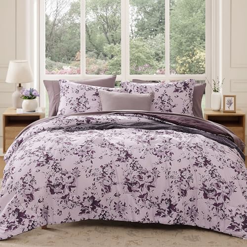 BLOOMHAVEN Queen Comforter Set -7 Pieces Deep Purple Floral Comforter Set for All Seasons, Bed in a Bag Queen with Botanical Flowers Comforter, Sheets, Pillowcases & Shams - Image 1