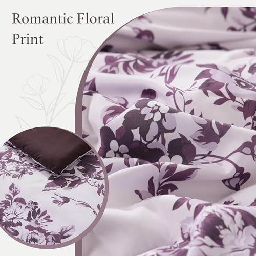 BLOOMHAVEN Queen Comforter Set -7 Pieces Deep Purple Floral Comforter Set for All Seasons, Bed in a Bag Queen with Botanical Flowers Comforter, Sheets, Pillowcases & Shams - Image 5