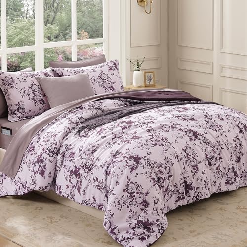 BLOOMHAVEN Queen Comforter Set -7 Pieces Deep Purple Floral Comforter Set for All Seasons, Bed in a Bag Queen with Botanical Flowers Comforter, Sheets, Pillowcases & Shams - Image 4