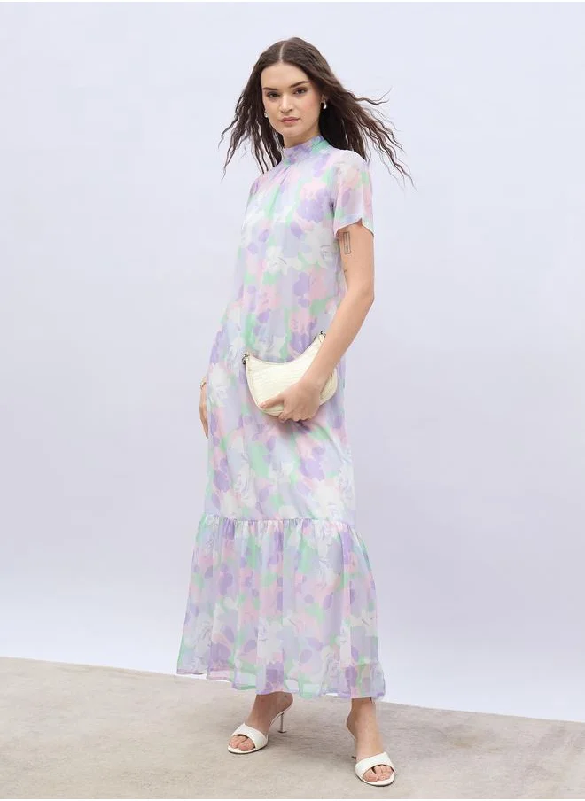 Styli Styli Printed High Neck Short Sleeve Maxi Dress