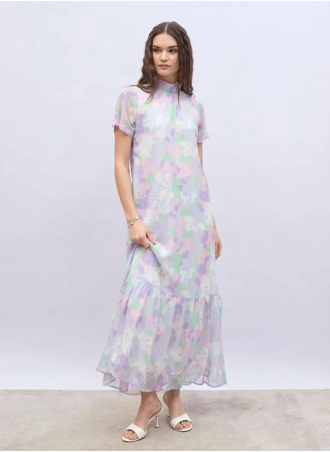 Styli Styli Printed High Neck Short Sleeve Maxi Dress