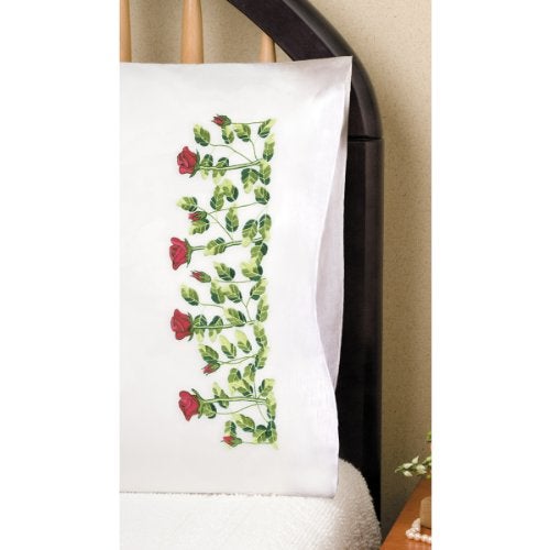 Tobin Stamped Pillowcase Pair Stamped Cross Stitch Kit for Embroidery, 20 by 30-Inch, Rose Row , White - Image 1