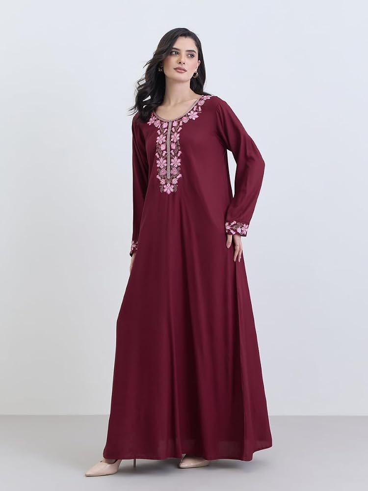 Styli Burgundy Embroidered A-Line Jalabiya - Image 2