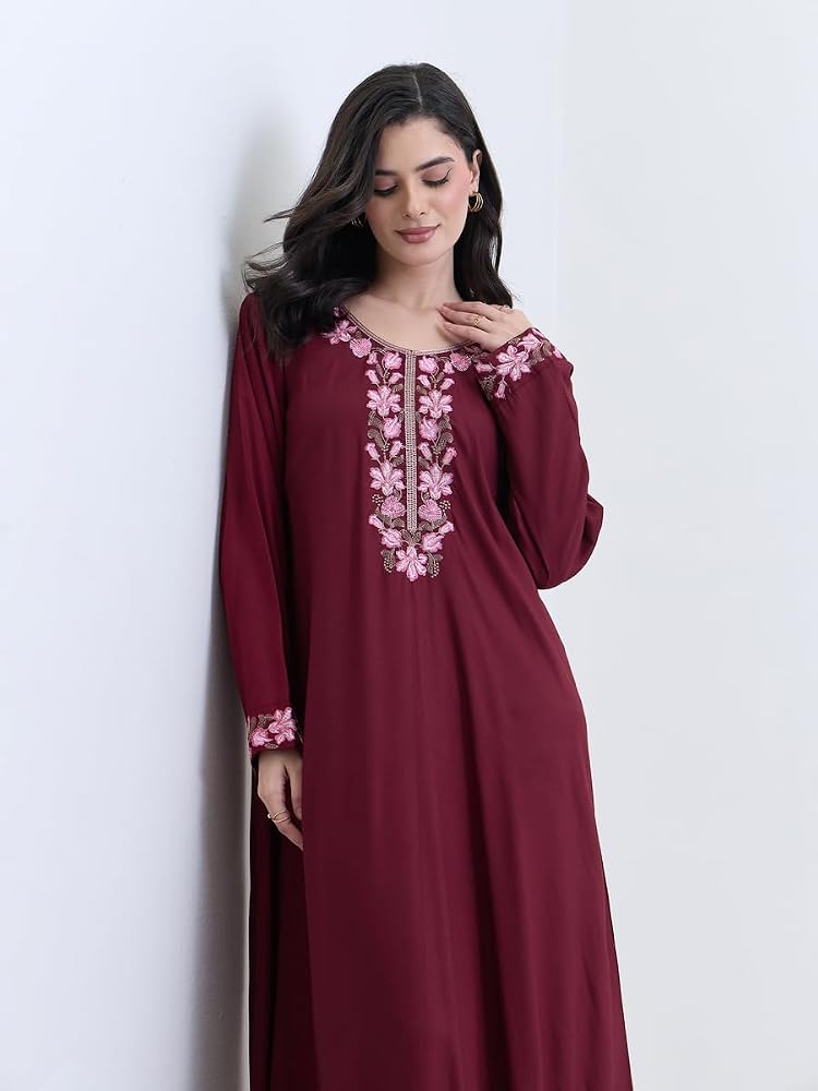 Styli Burgundy Embroidered A-Line Jalabiya - Image 1