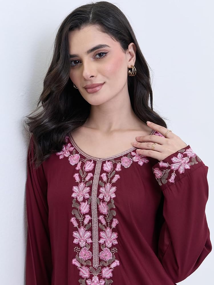 Styli Burgundy Embroidered A-Line Jalabiya - Image 4