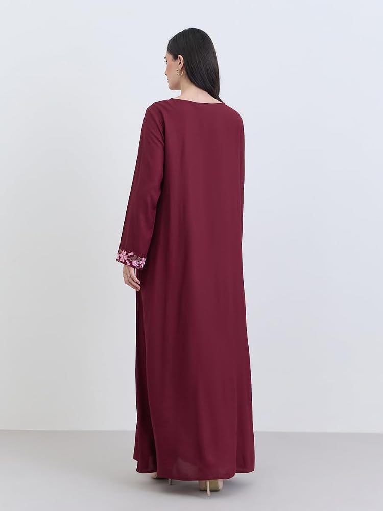 Styli Burgundy Embroidered A-Line Jalabiya - Image 5