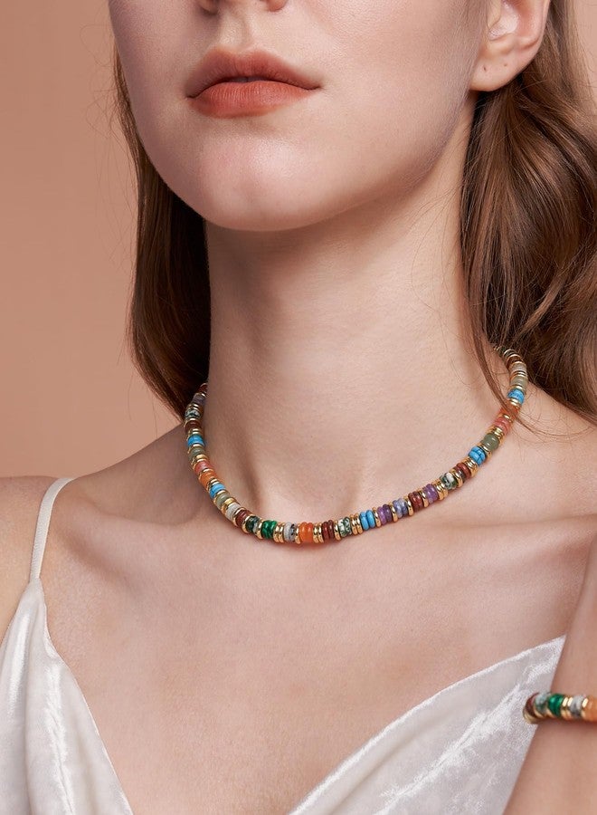 SNGIA 18K gold plated Colored Natural Gemstone Quartz Crystal Bead Stone Healing FULLY ADJUSTABLE Statement Necklace Choker for Women by SNGIA, Colorful Rainbow Beaded Strand Tennis Trendy Bohemian Preppy - Image 3