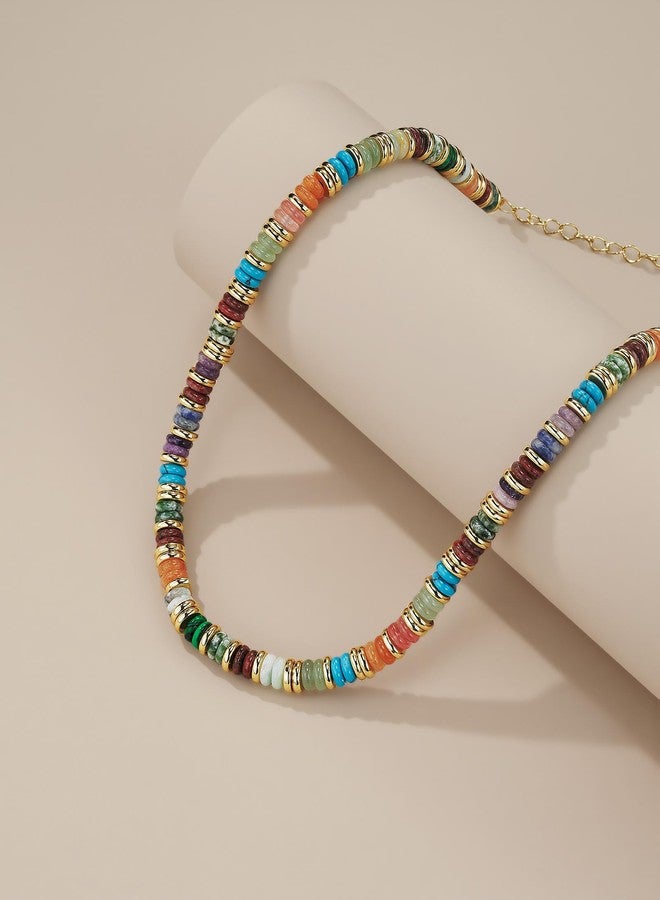 SNGIA 18K gold plated Colored Natural Gemstone Quartz Crystal Bead Stone Healing FULLY ADJUSTABLE Statement Necklace Choker for Women by SNGIA, Colorful Rainbow Beaded Strand Tennis Trendy Bohemian Preppy - Image 4
