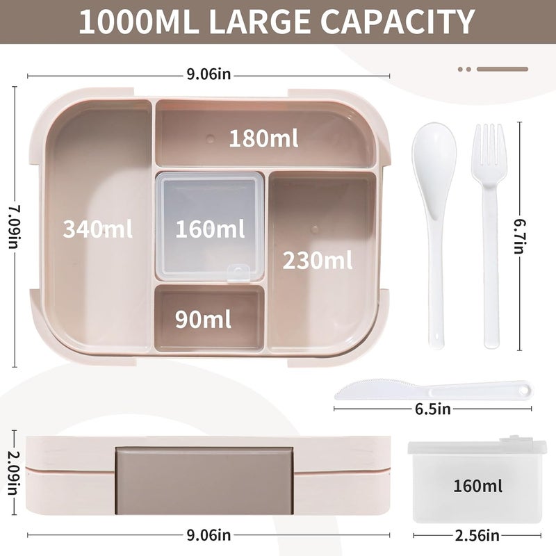 Pomefar Lunch Box for Kids，5-Compartment 1000ML Bento Box, Back to School Microwave Safe Leakproof Lunch Container for School,Picnics (Beige) - Image 5