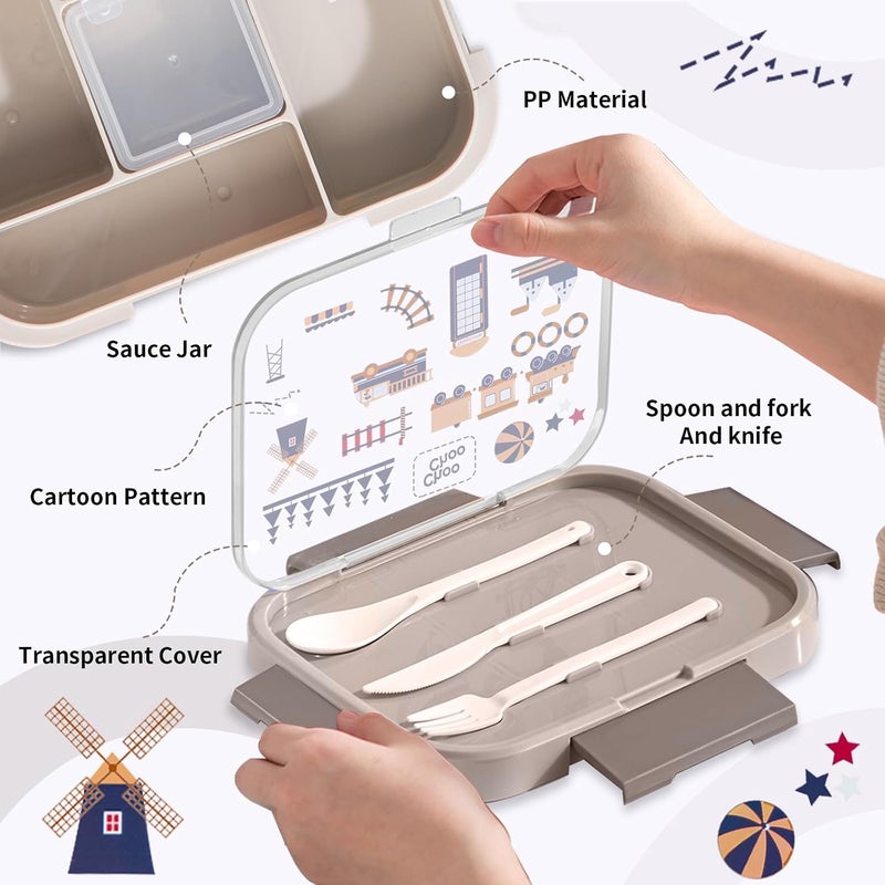 Pomefar Lunch Box for Kids，5-Compartment 1000ML Bento Box, Back to School Microwave Safe Leakproof Lunch Container for School,Picnics (Beige) - Image 3