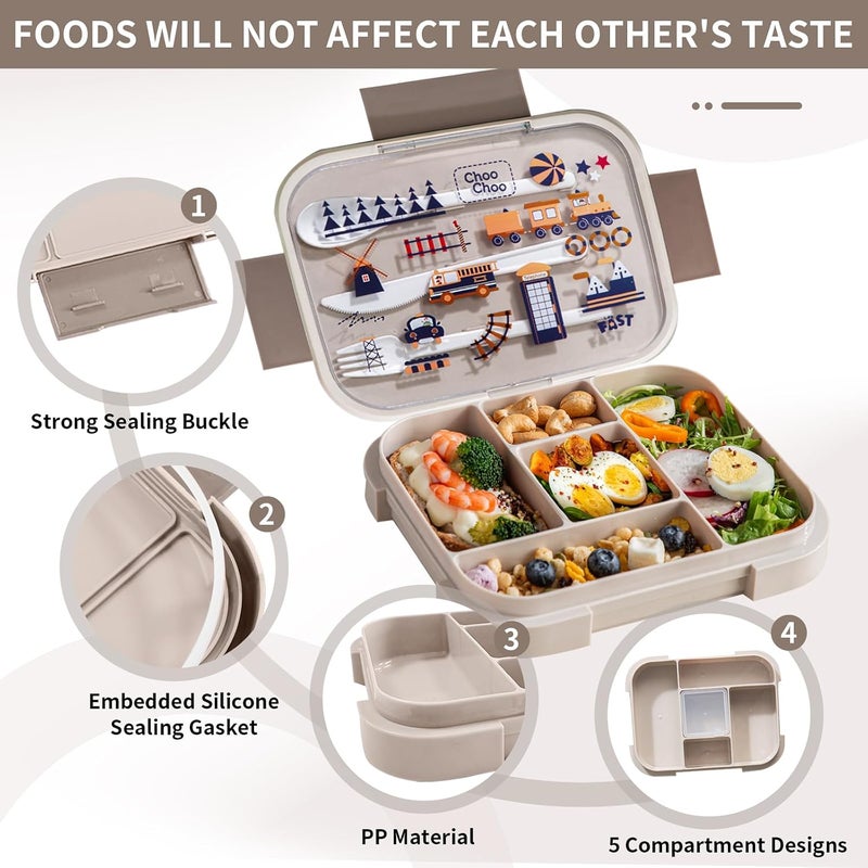 Pomefar Lunch Box for Kids，5-Compartment 1000ML Bento Box, Back to School Microwave Safe Leakproof Lunch Container for School,Picnics (Beige) - Image 2