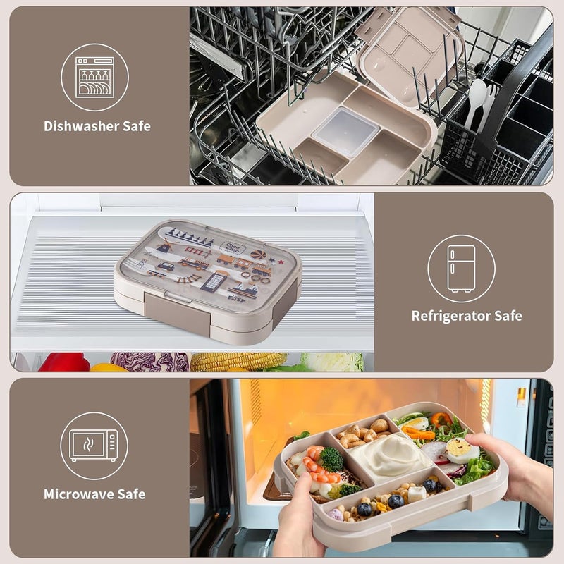Pomefar Lunch Box for Kids，5-Compartment 1000ML Bento Box, Back to School Microwave Safe Leakproof Lunch Container for School,Picnics (Beige) - Image 4