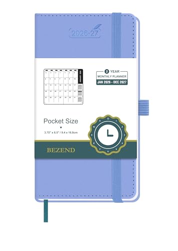 BEZEND Pocket Monthly Planner 2026-2027 (3.5" x 6.5") 2 Year Calendar Book for Purse with Note Pages, 100 GSM Paper, Inner Pocket, Pen Holder, Vegan Leather Hardcover in Cornflower - Image 1