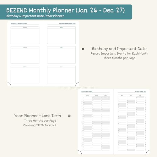 BEZEND Pocket Monthly Planner 2026-2027 (3.5" x 6.5") 2 Year Calendar Book for Purse with Note Pages, 100 GSM Paper, Inner Pocket, Pen Holder, Vegan Leather Hardcover in Cornflower - Image 4