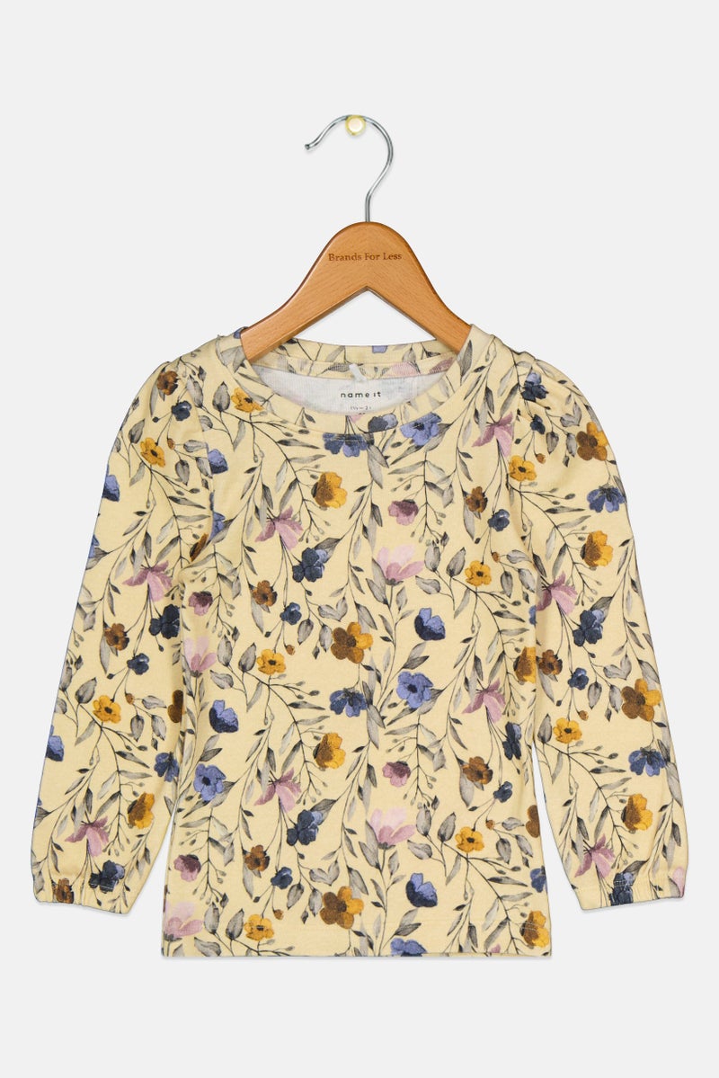 NAME IT تي شيرت مزخرف بأزهار بأكمام طويلة و ياقة دائرية للفتيات الصغيرات، متعدد الألوان - Image 1